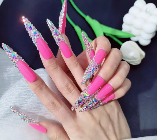 XL Hot Pink Press On Nails With Rhinestone French Tips