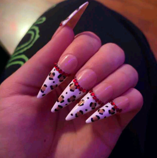 Beige With Leopard Print Designs French Tips Press On Nails With Red Rhinestones