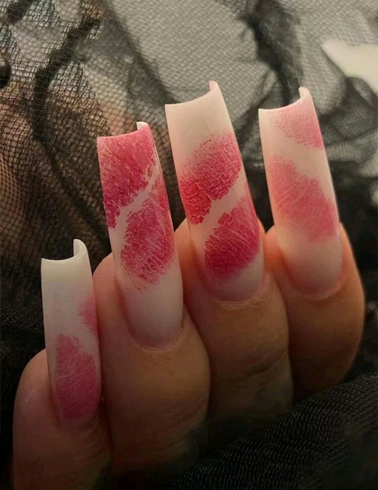 White Press On Nails With Red Lip Print Designs