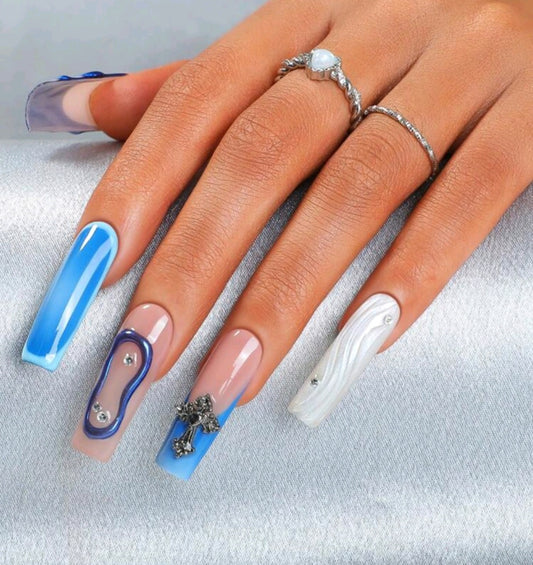 Blue Press On Nails With 3D Gel Decor