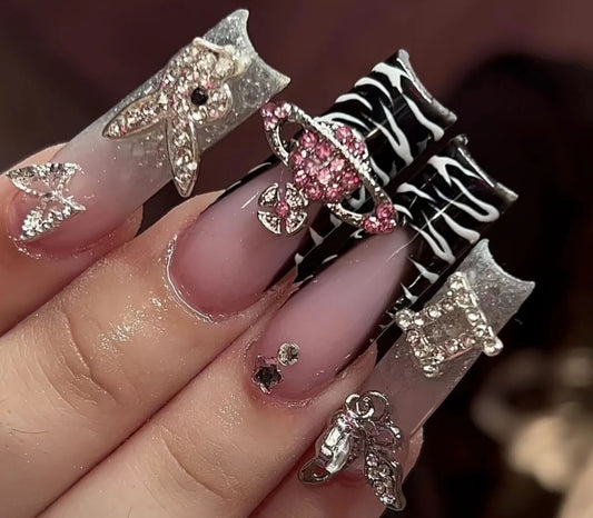 White And Black Zebra Print French Tips Press On Nails With 3D Decor And Rhinestones