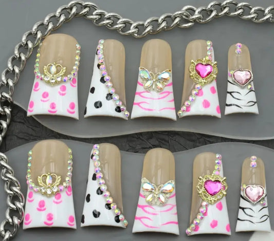 Animal Print French Tips Press On Nails With Charms And Rhinestones