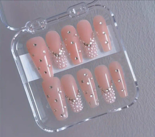 Pearl Decor French Tips Press On Nails With Rhinestones