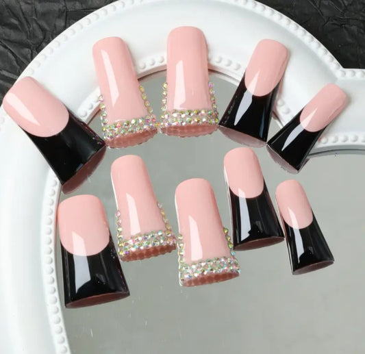 Rhinestones And Black French Tips Press On Nails