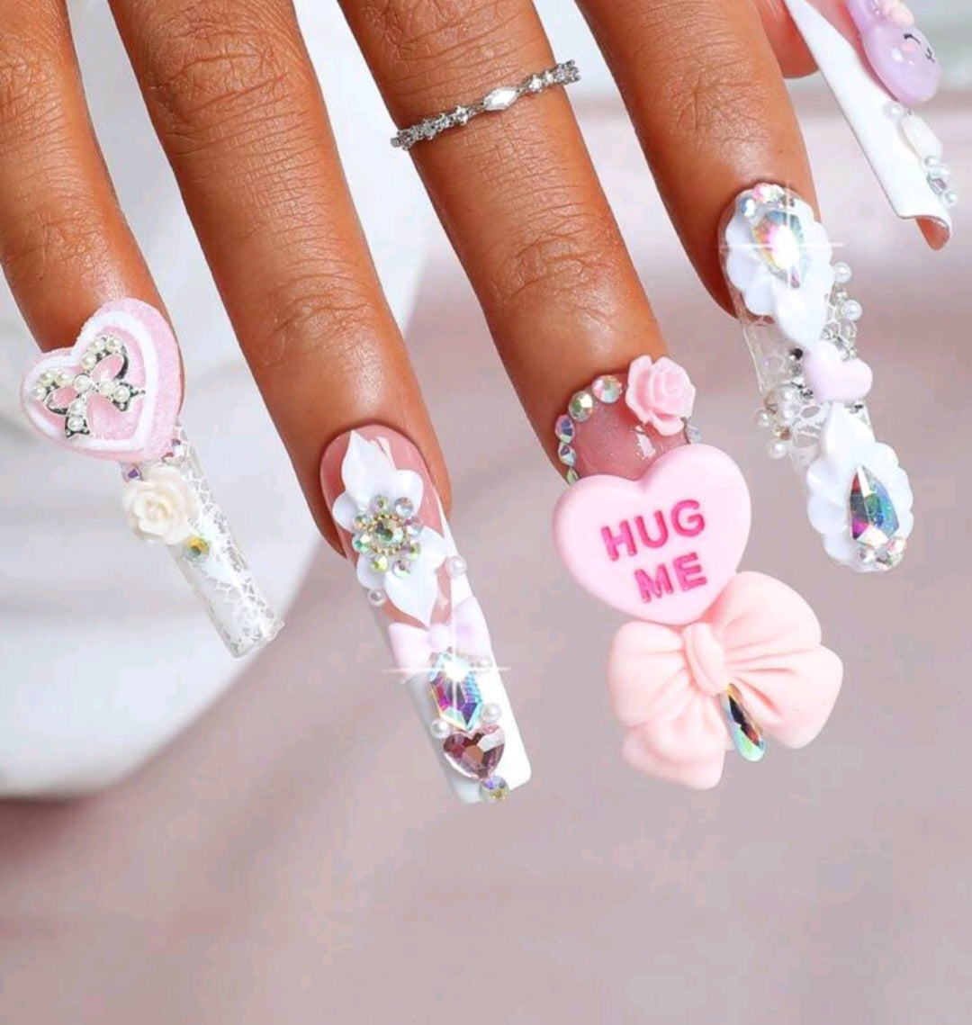White French Tips Press On Nails With Rhinestones, Big Charms, And Lace Decor
