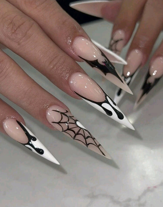 White French Tips Press On Nails With Dripping Blood, Web, Bat And Heart Designs