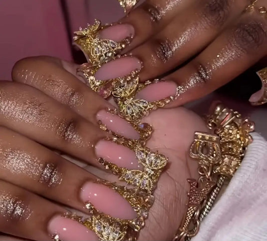 Gold Rhinestones French Tips Press On Nails With 3D Butterfly Decor