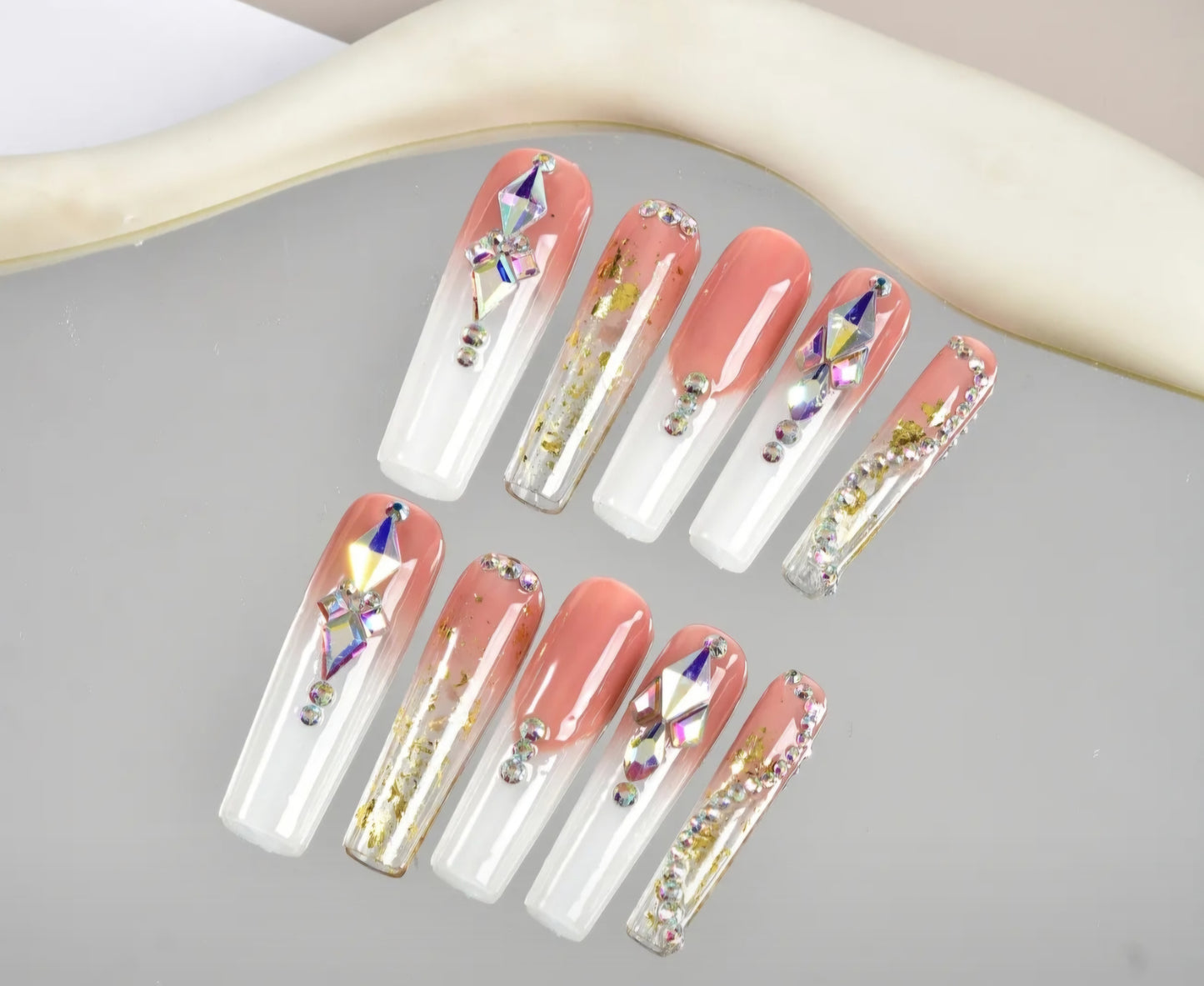 White French Tips Press On Nails With Gold Flakes Decor And Rhinestones