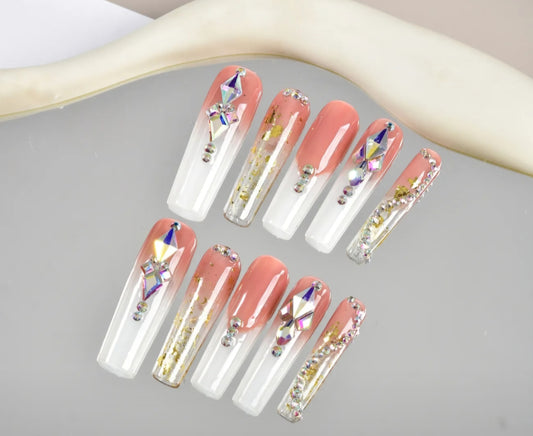 White French Tips Press On Nails With Gold Flakes Decor And Rhinestones