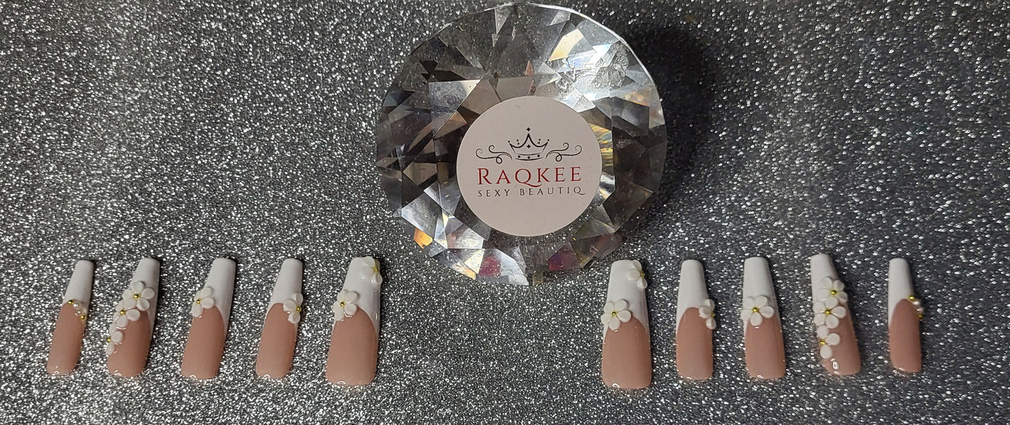 White French Tips Press On Nails With 3D Flower Decor