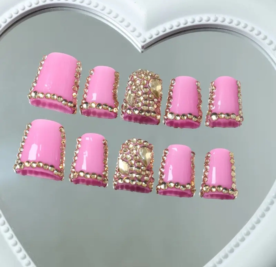 Gold Rhinestones Thin French Tips Press On Nails With Full Rhinestones