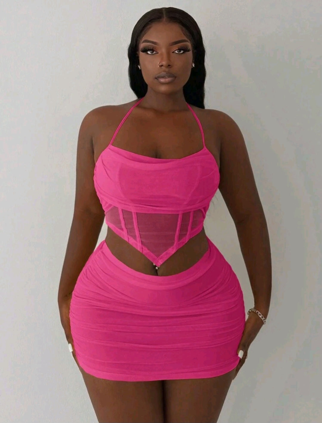 Pink Sheer Top And Skirt Set