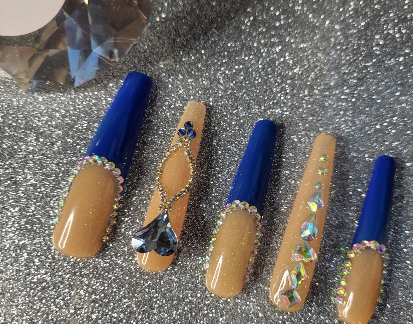 XL Blue French Tips Press On Nails With Rhinestones And Heart Charms