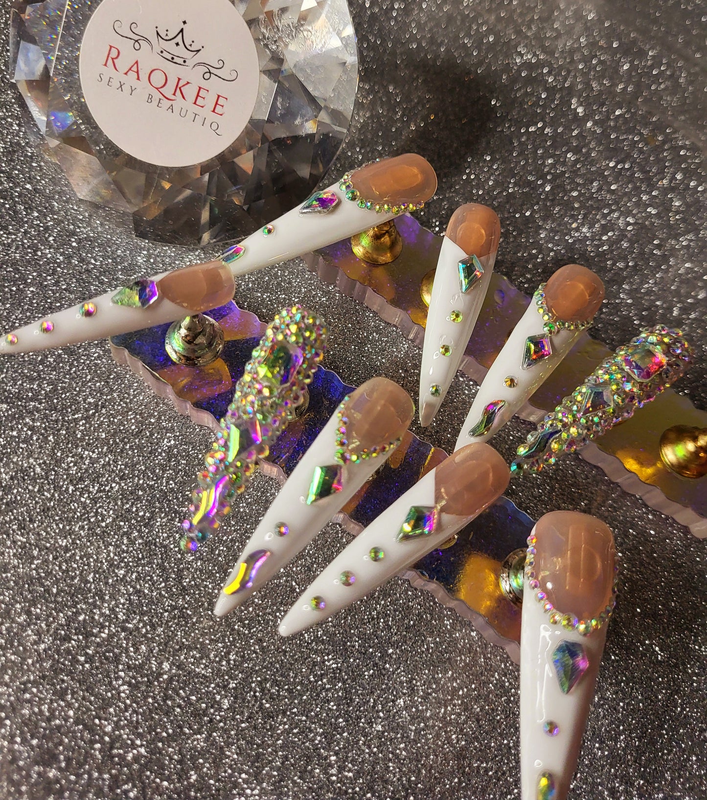 XL White French Tips Press On Nails With Rhinestones