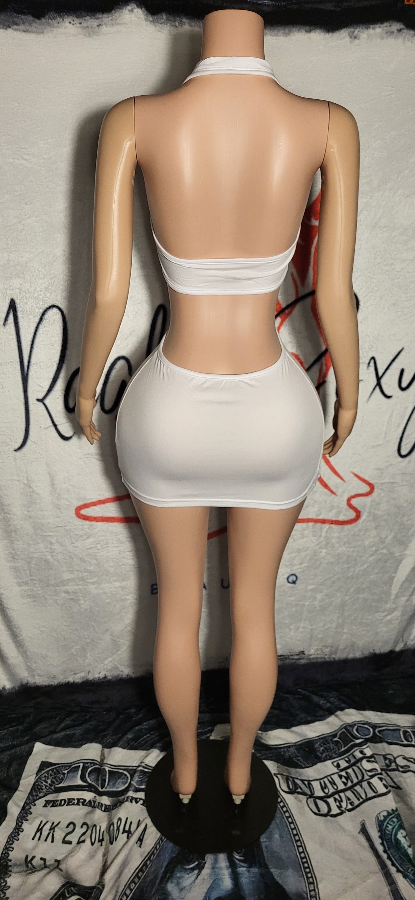 White Halter Dress With Hollow Out Designs