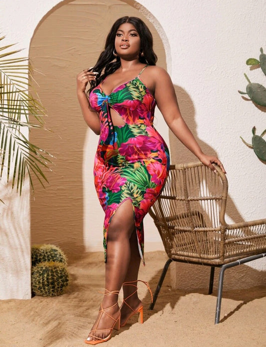 Tropical Cut Out Front Tie Dress