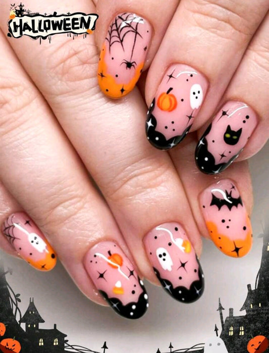 Orange And Black French Tips Press On Nails With Pumpkin, Ghost, Black Cat, Bat Designs