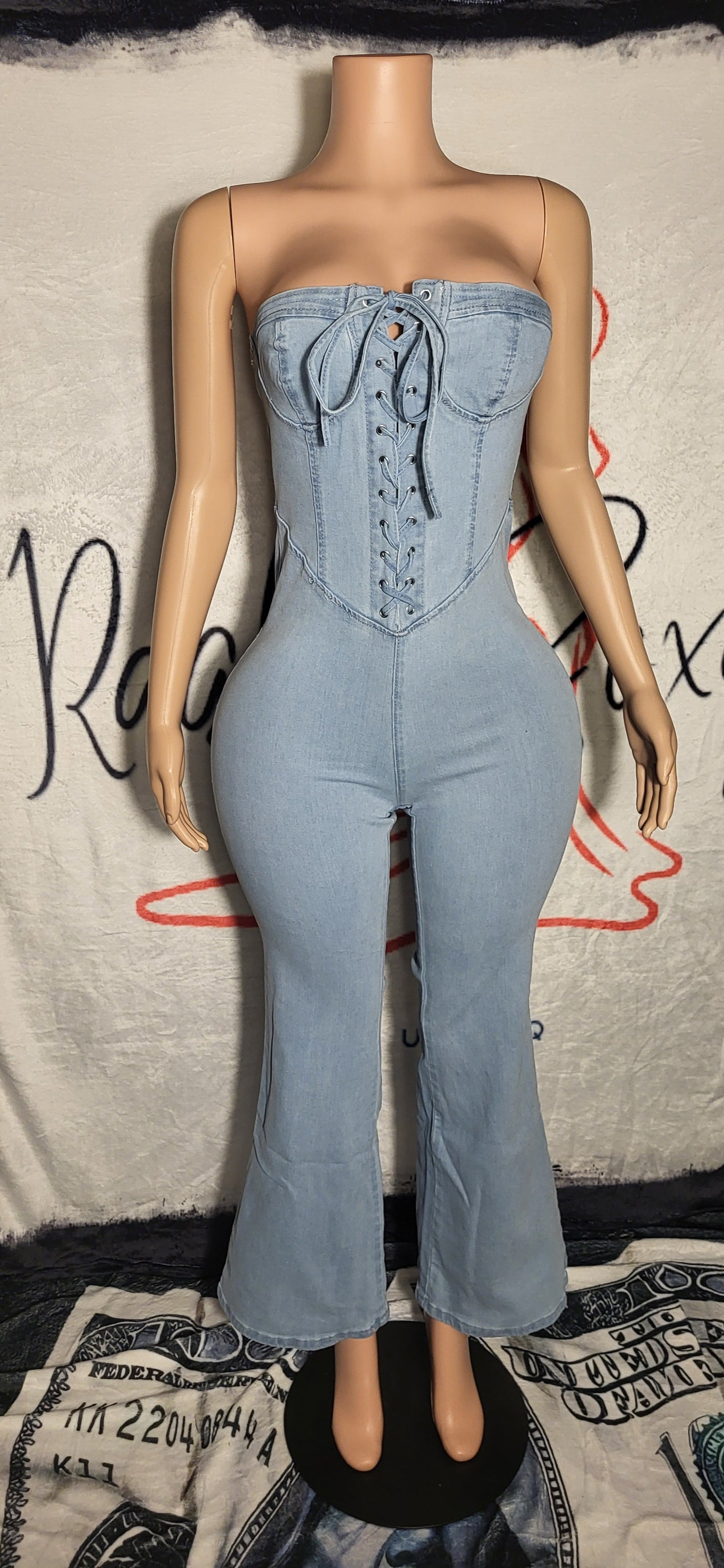 Blue Denim Strapless Lace Up Jumpsuit