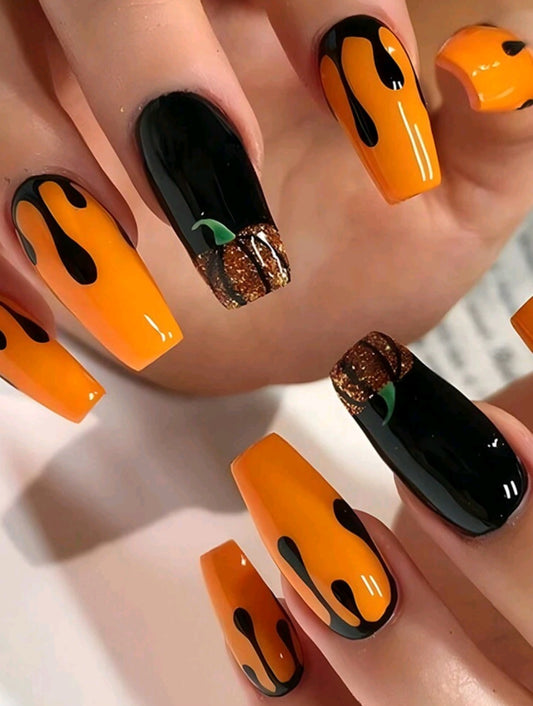 Orange And Black Press On Nails With Dripping Blood And Pumpkin Designs
