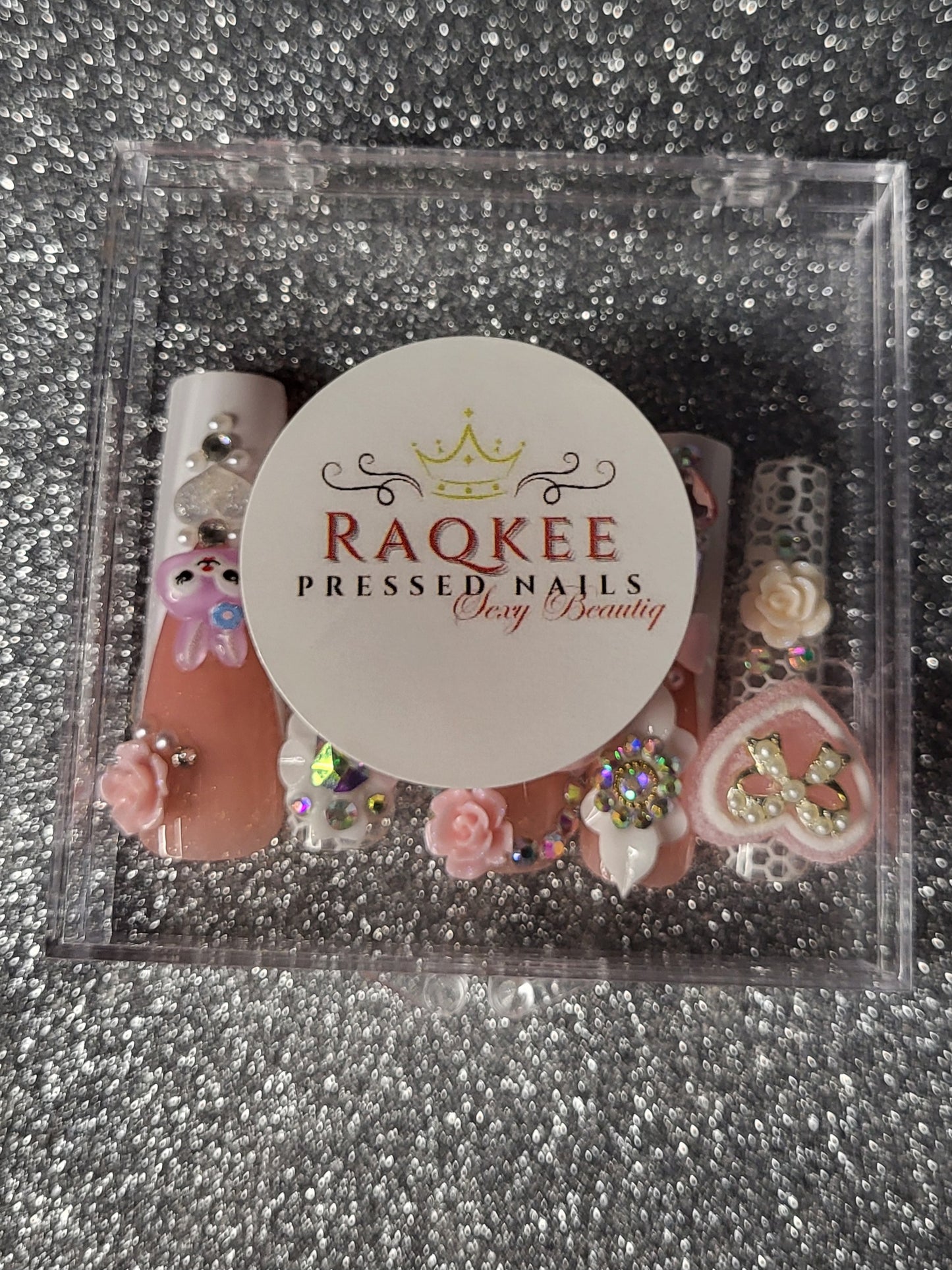 White French Tips Press On Nails With Rhinestones, Big Charms, And Lace Decor