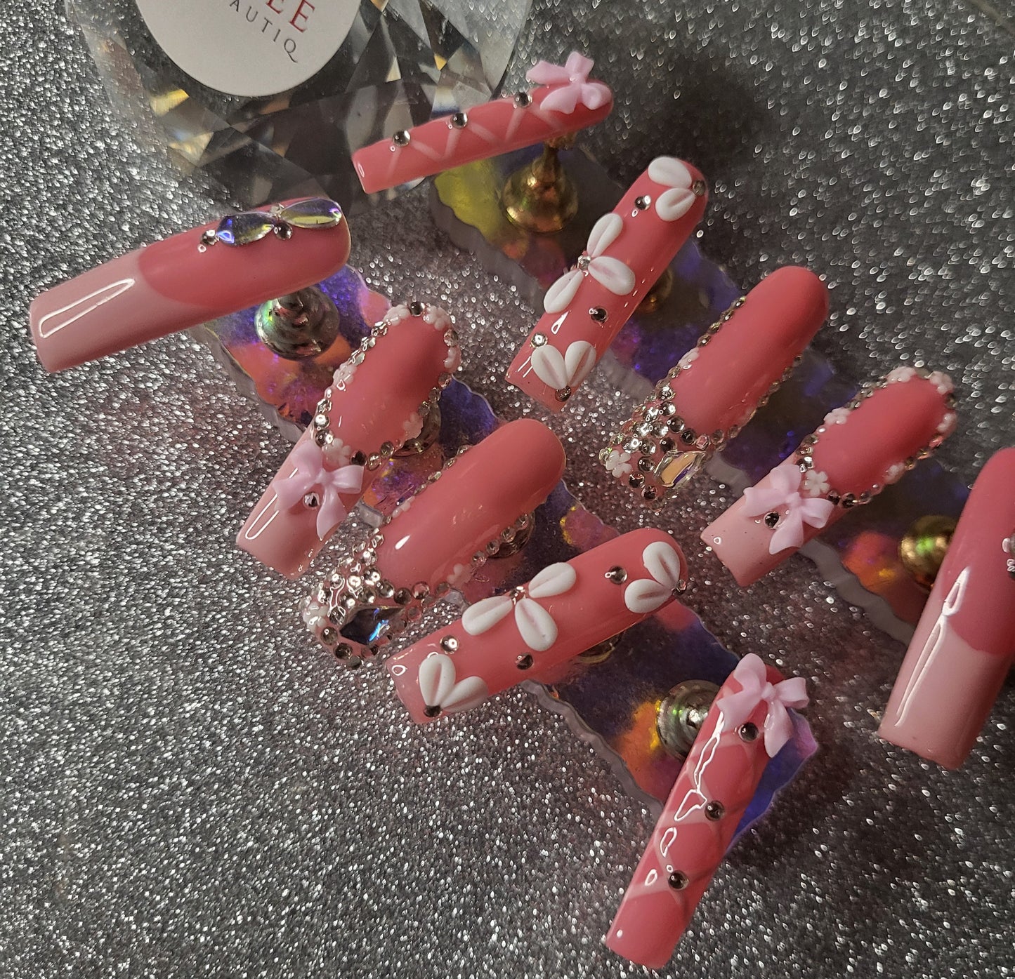 Pink French Tips Press On Nails With Rhinestones And 3D Bow And Flower Decor