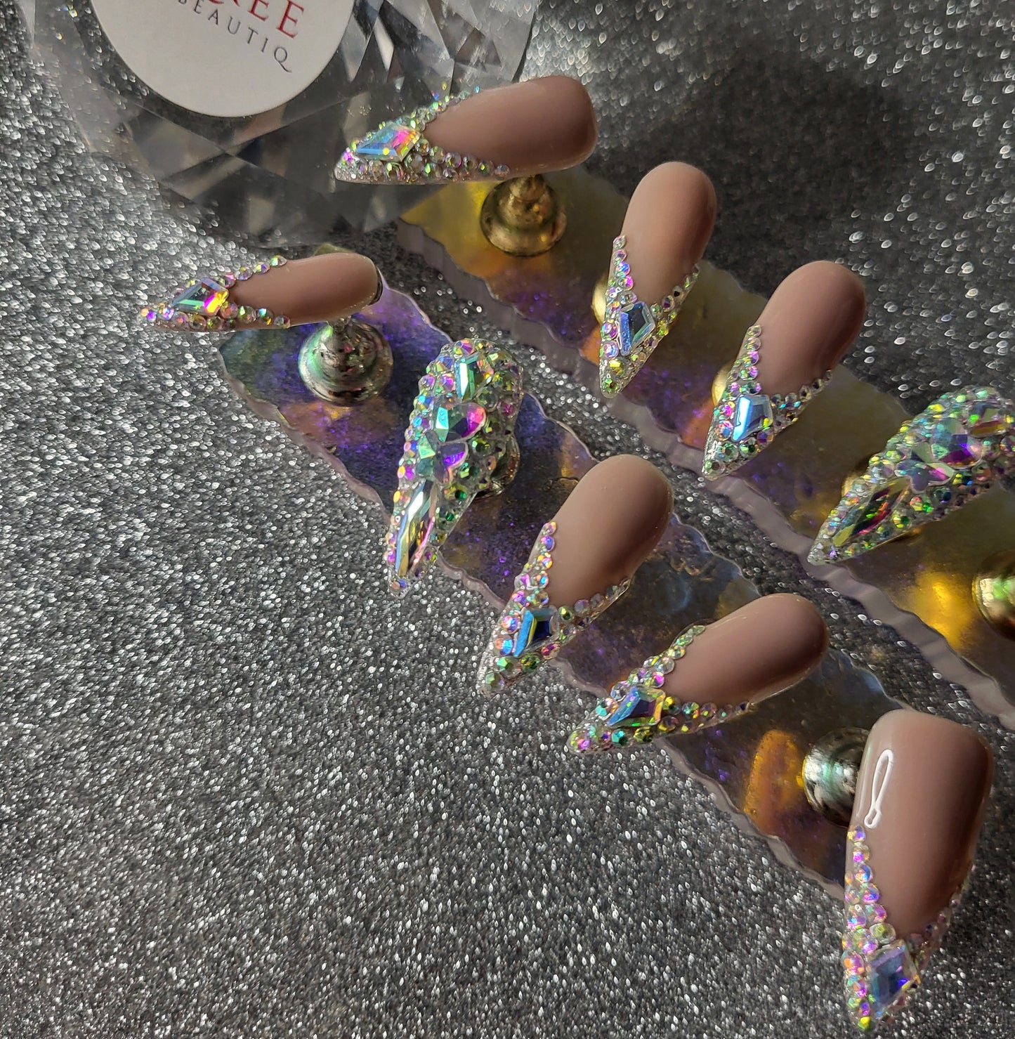 Rhinestone French Tips Press On Nails With Full Cover Rhinestone Decor