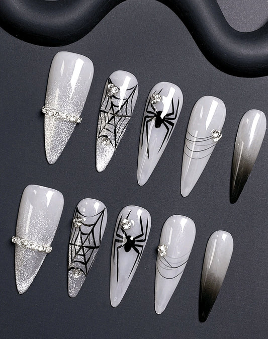 Silver And Ombre French Tips Press On Nails With Rhinestones And Web And Spider Designs