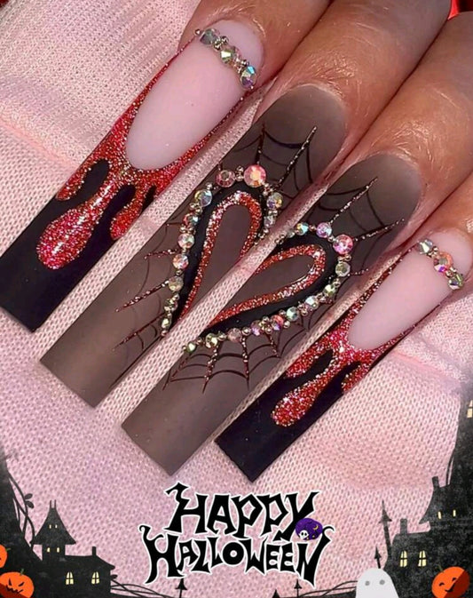 Black French Tips Press On Nails With Glittery Dripping Blood Designs, Web, And Heart Shaped Rhinestones Decor