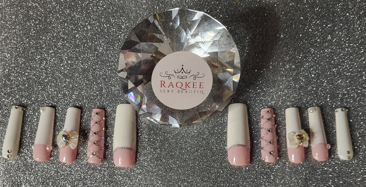 White French Tips Press On Nails With 3D Bow Decor And Rhinestones