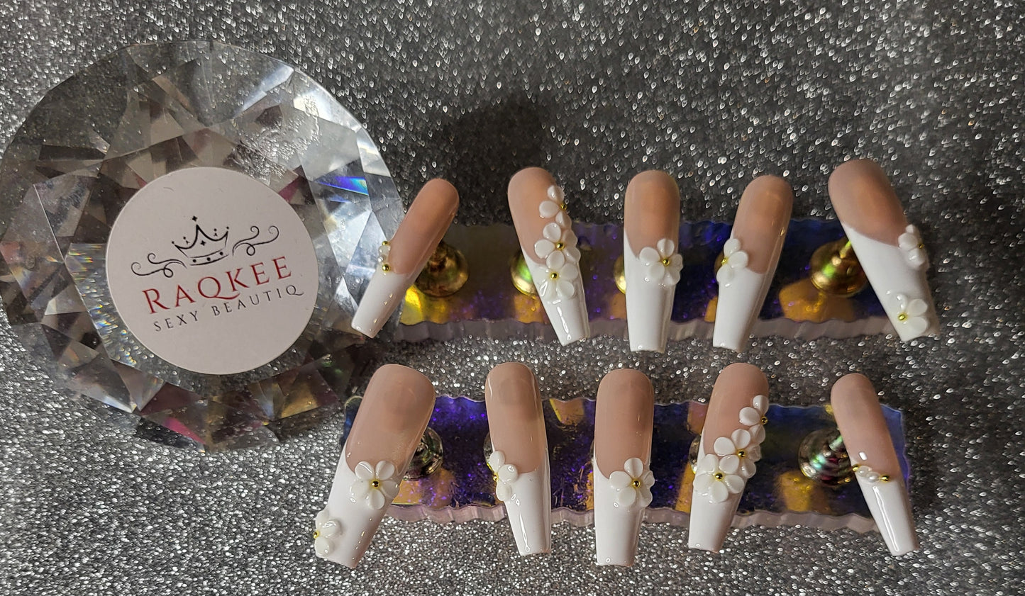 White French Tips Press On Nails With 3D Flower Decor