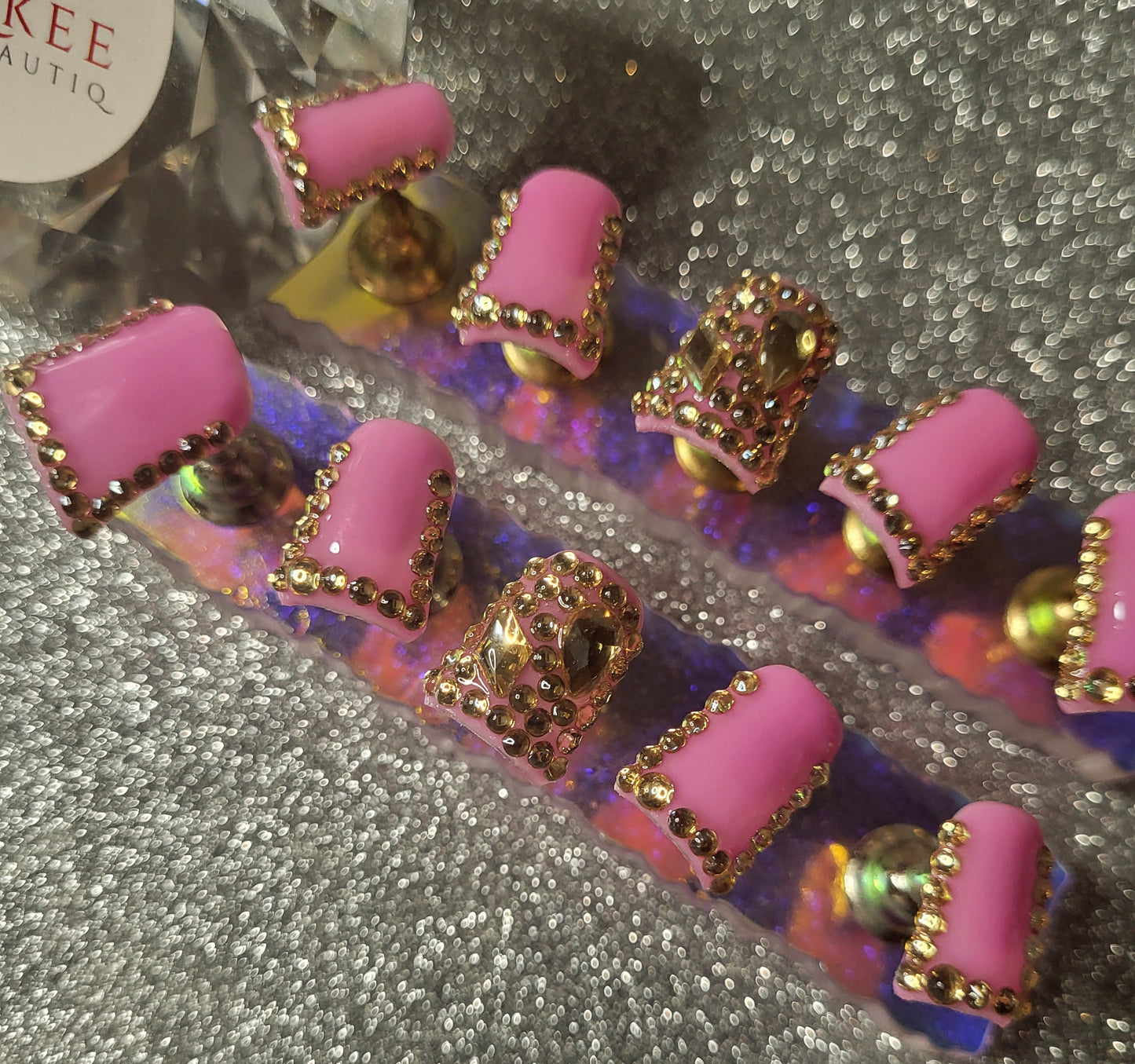 Gold Rhinestones Thin French Tips Press On Nails With Full Rhinestones