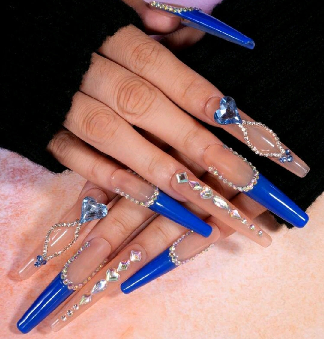 XL Blue French Tips Press On Nails With Rhinestones And Heart Charms