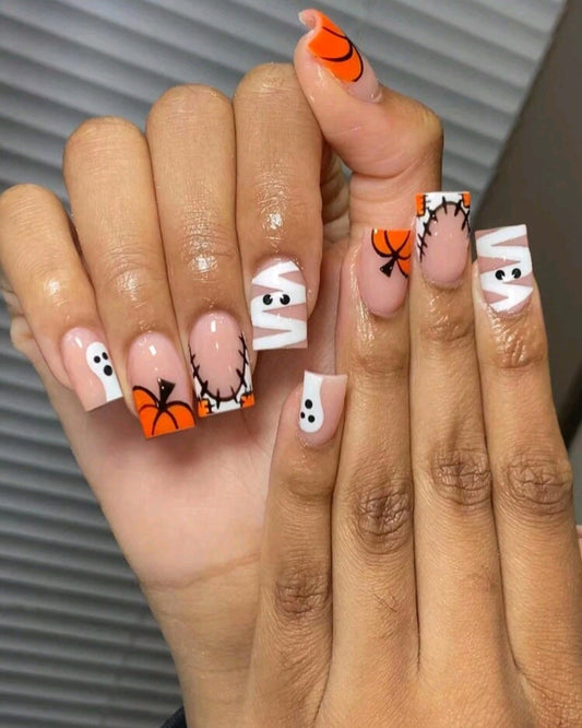 Patch And Pumpkin French Tips Press On Nails With Mummy And Ghost Designs