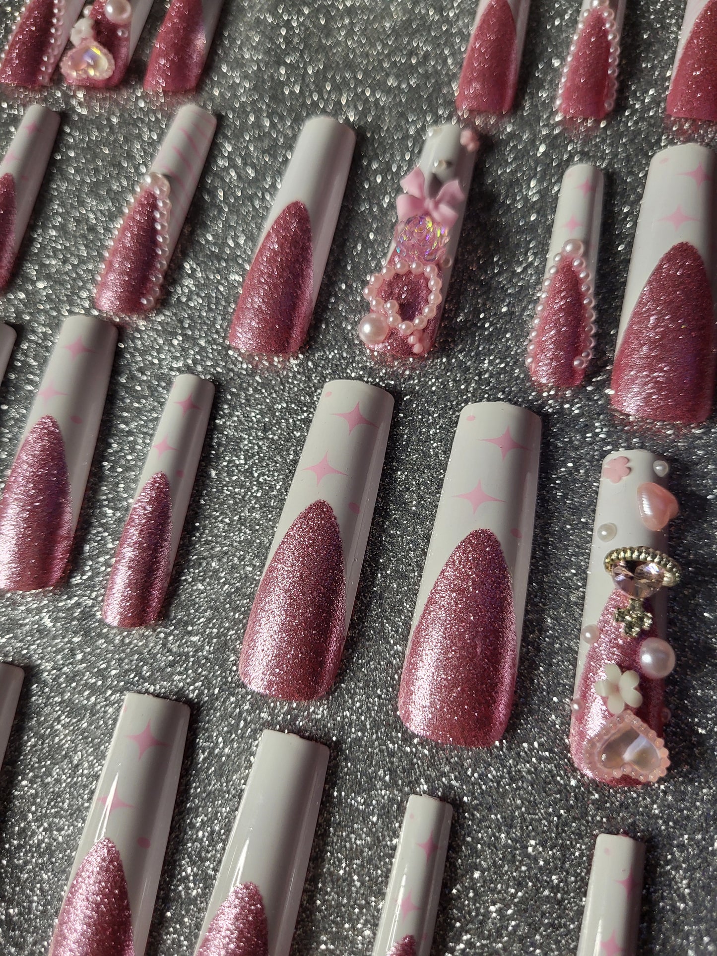 Glittery Pink Press On Nails With White French Tips With Pink Zebra Print And Twinkle Star Designs And 3D Decor