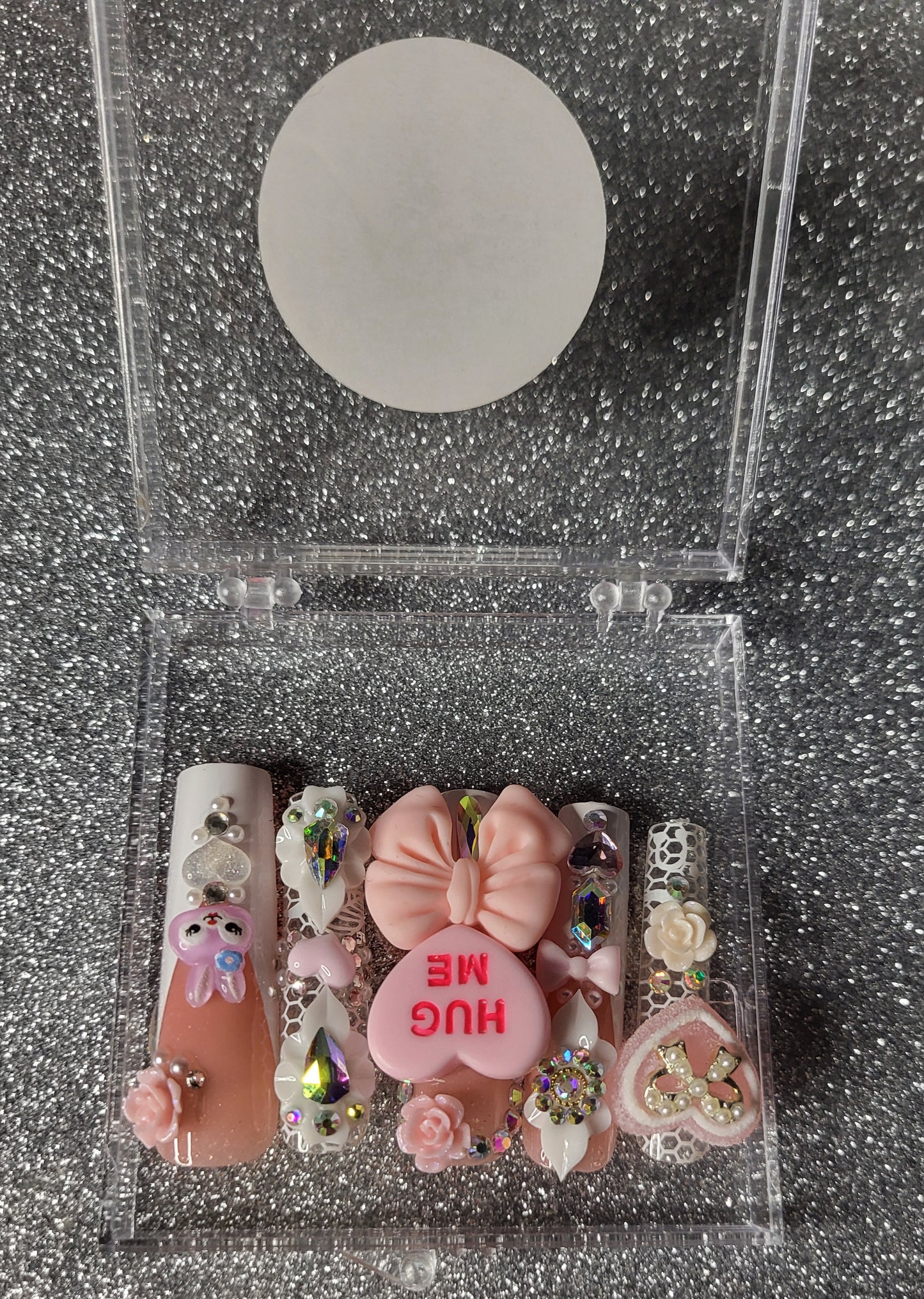 White French Tips Press On Nails With Rhinestones, Big Charms, And Lace Decor