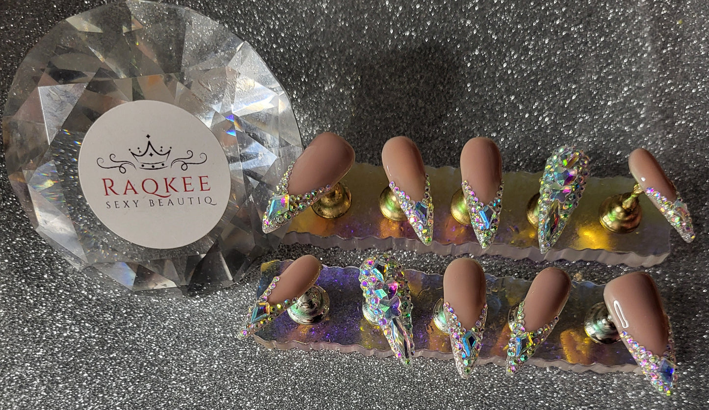 Rhinestone French Tips Press On Nails With Full Cover Rhinestone Decor