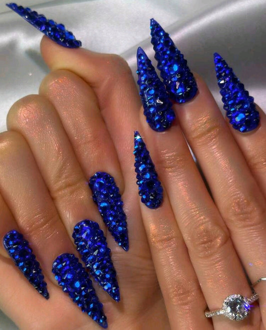 Blue Rhinestones Press On Nails