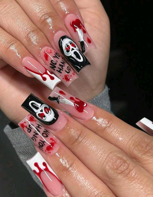 White French Tips With Dripping Blood Designs Press On Nails And Scream Mask With Heart Eyes, Knife Stabbing Heart, And Word Designs