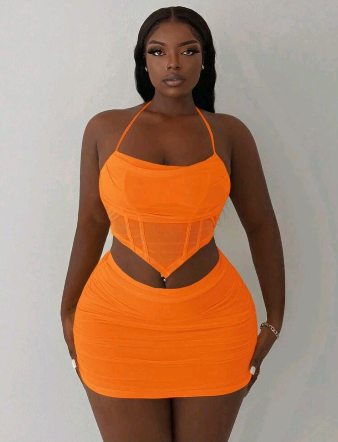 Orange Sheer Top And Skirt Set