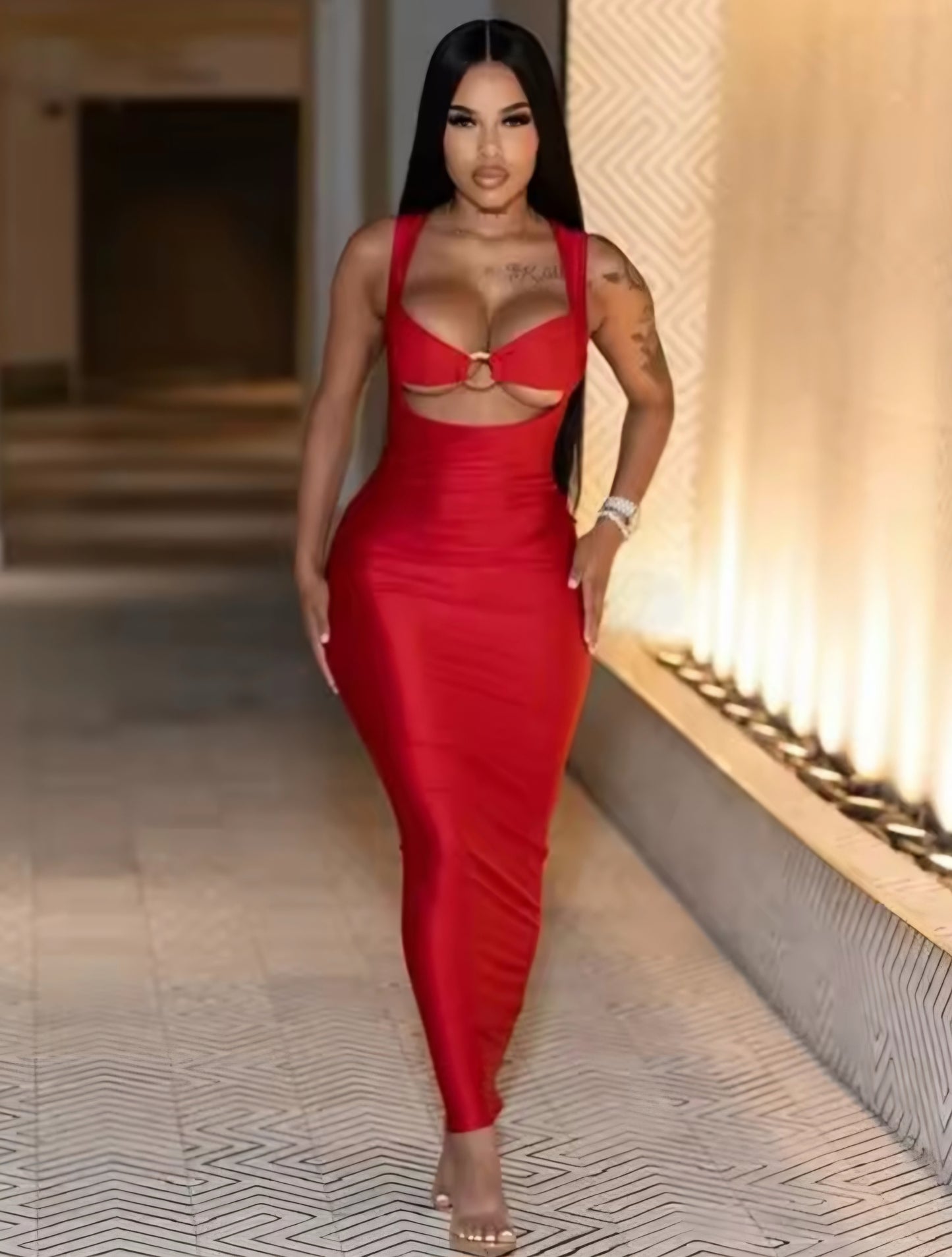 Red O-Ring Hollow Out Dress