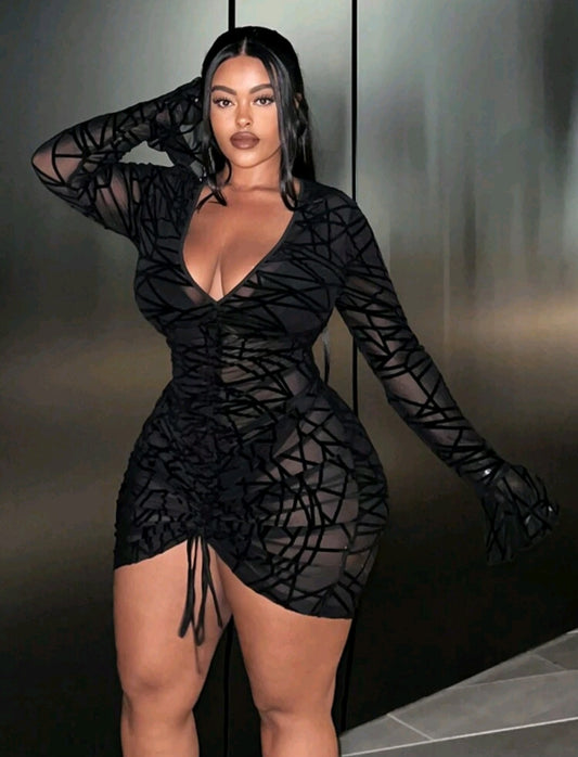 Black See-Through Ruched Dress