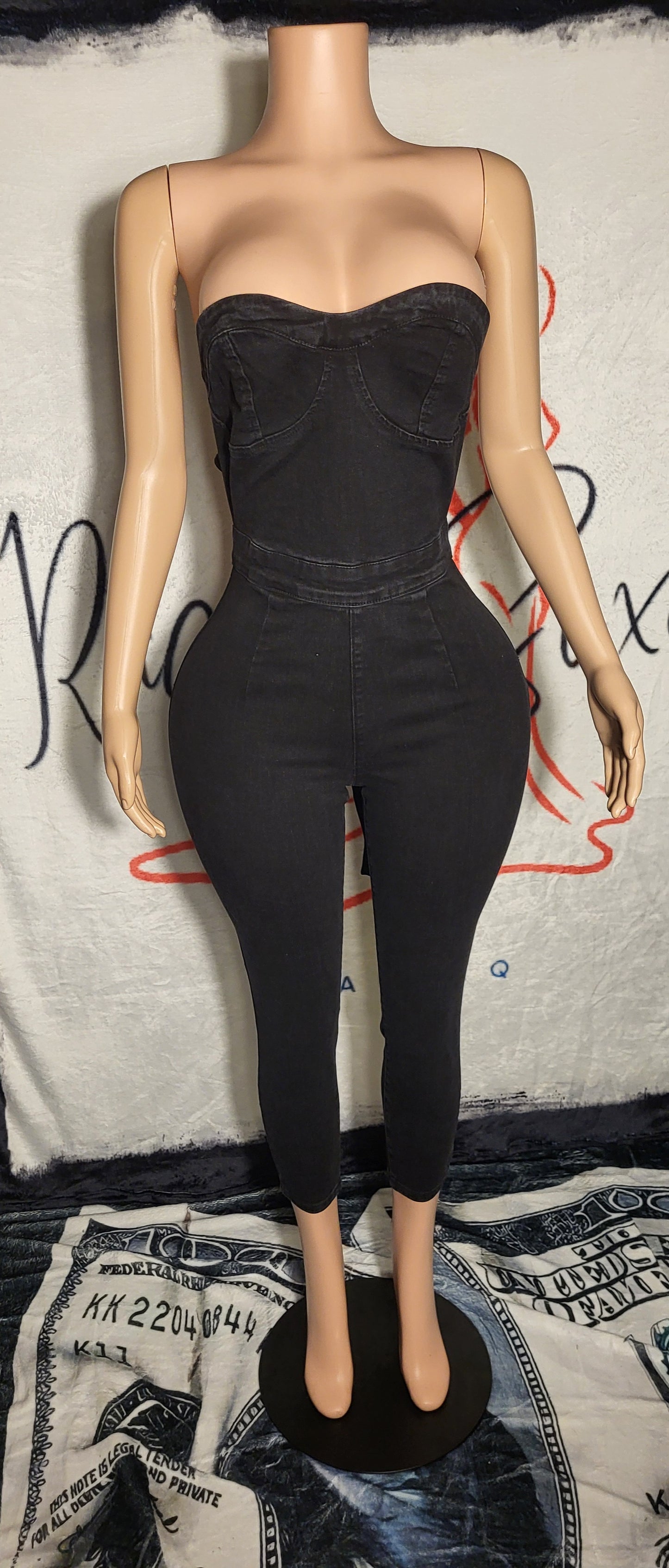 Black Denim Strapless Jumpsuit