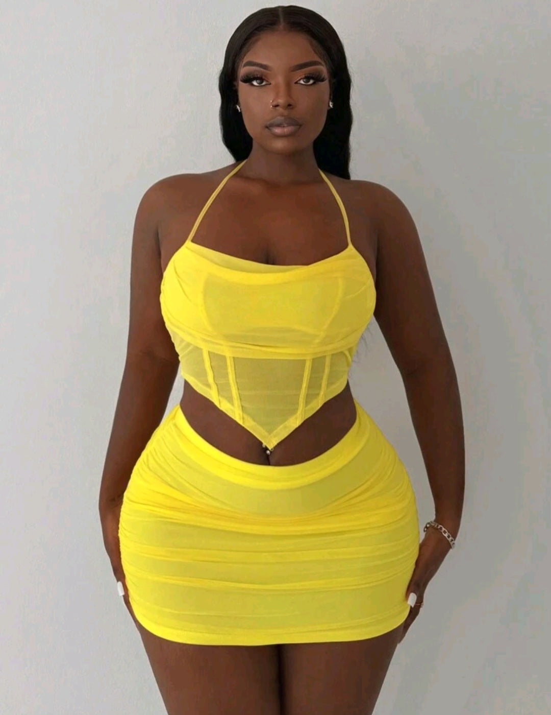 Yellow Sheer Top And Skirt Set