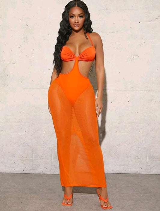 Orange Hollow Out Halter Top Summer Beach Dress
