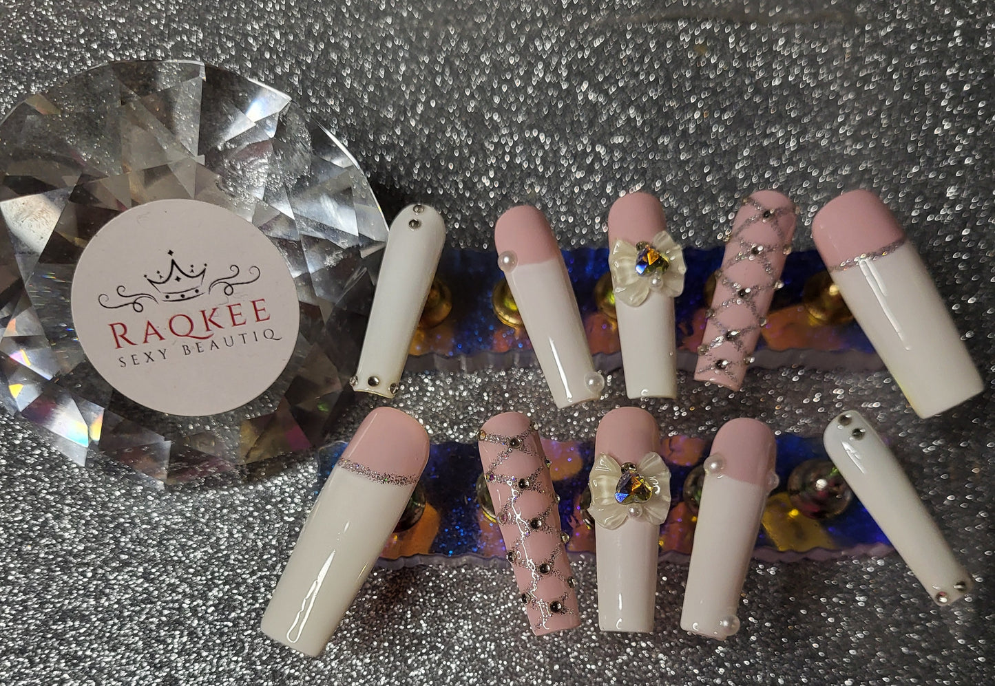 White French Tips Press On Nails With 3D Bow Decor And Rhinestones