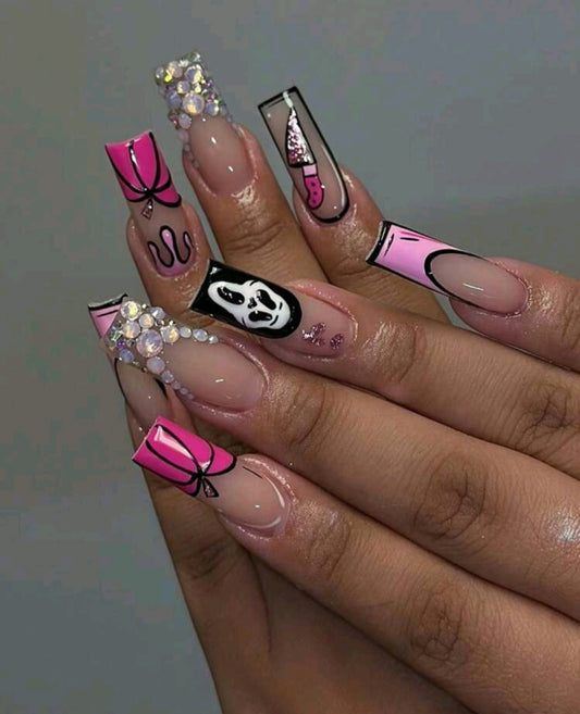 Pink And Silver French Tips Press On Nails With Rhinestones, Scream Mask, Pumpkin, And Knife Designs