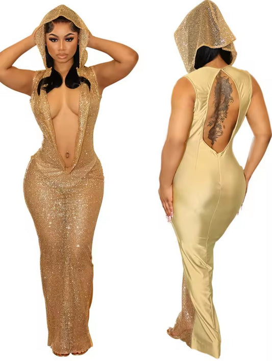 Gold Hooded Dress With Sequins