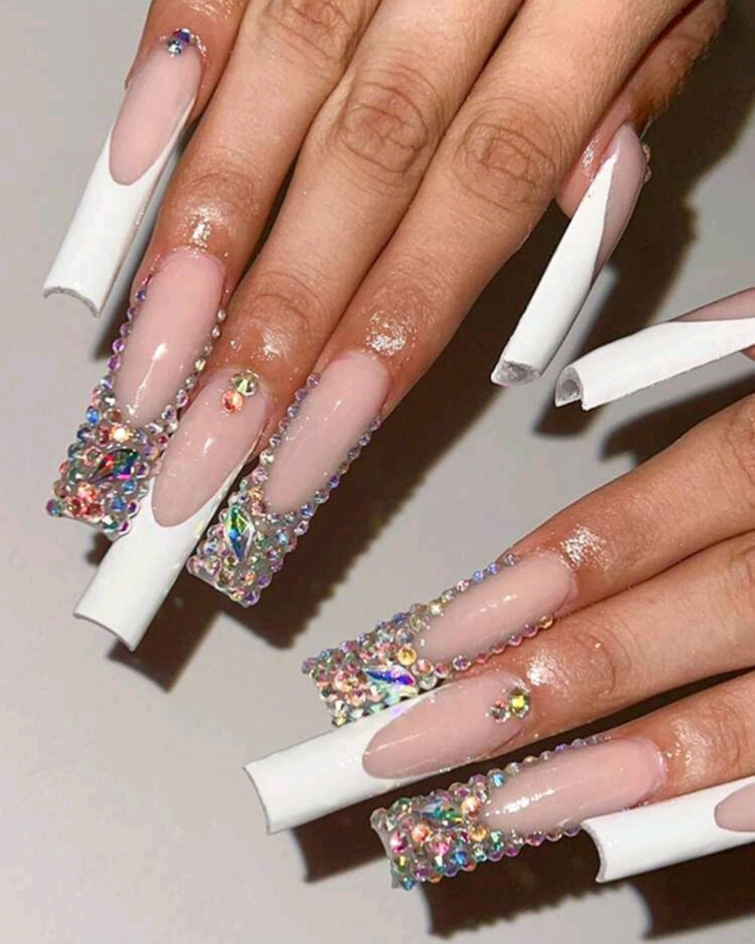 White And Rhinestone French Tips Press On Nails With Rhinestones