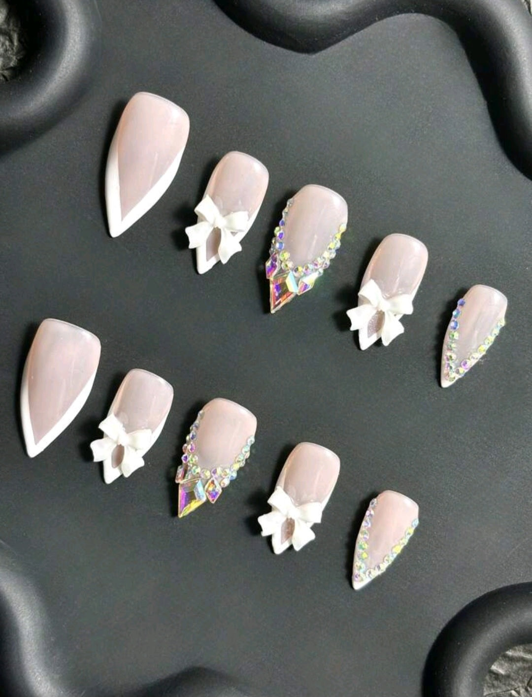 White Deep V French Tips Press On Nails With Rhinestones And Bow Decor