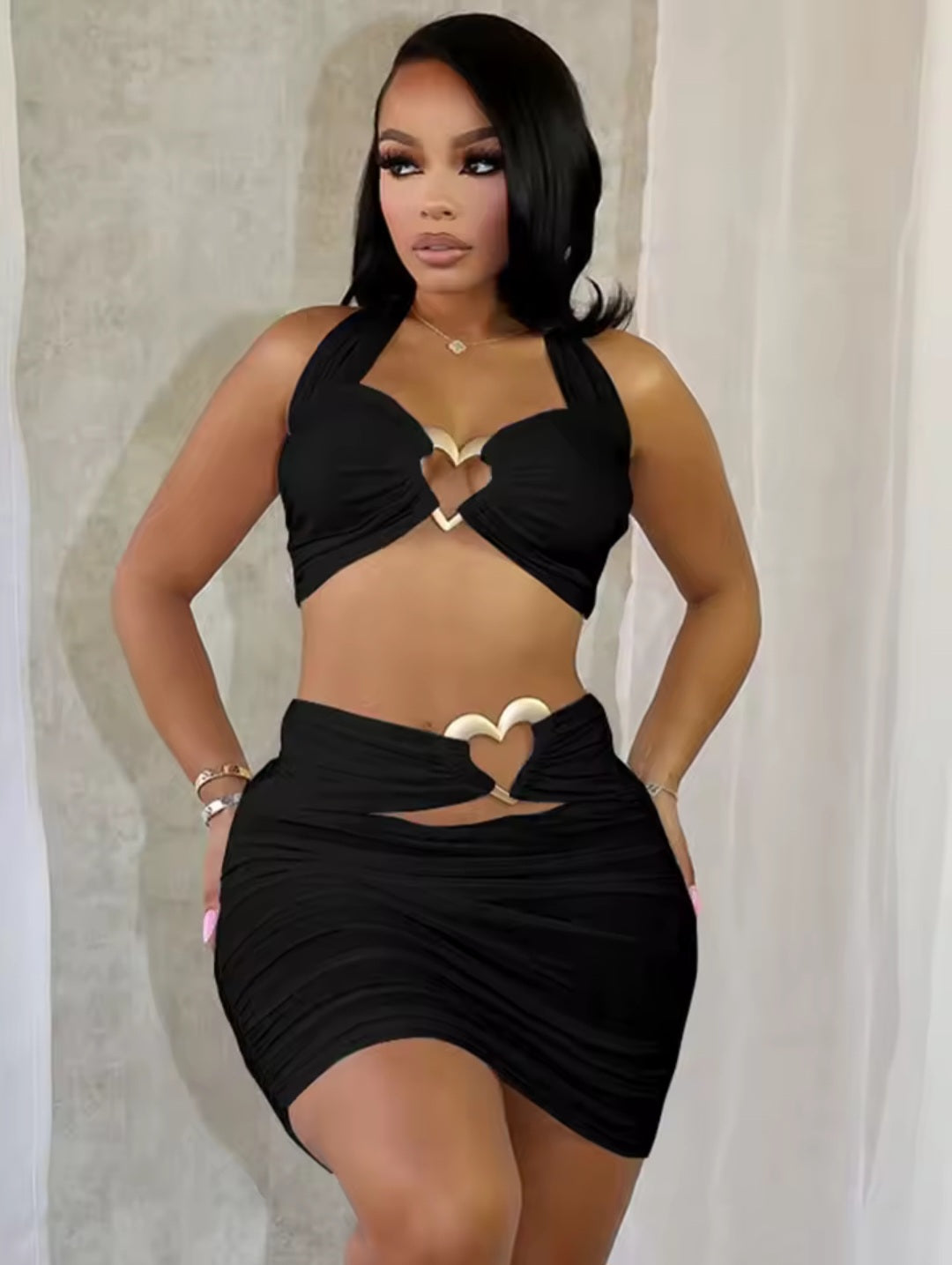 Black Halter Crop Top And Ruched Cut Out Skirt Set With Heart Rings